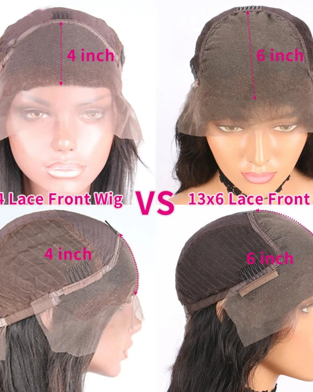 Comparison chart of 13x4 and 13x6 lace front wigs on mannequin heads.