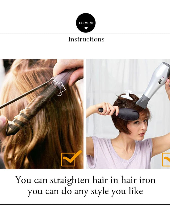 Instructions on straightening hair using a hair iron and dryer.