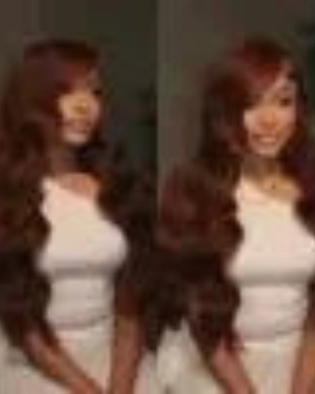 Two identical images of a person with long hair, side by side.