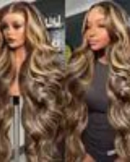 Close-up of a wig with wavy hair and brown color.