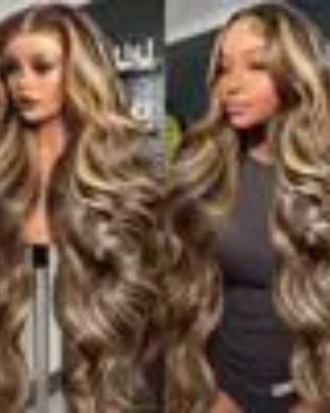 Close-up of a wig with wavy hair and brown color.