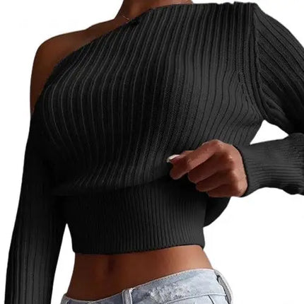 Women's Off-Shoulder Ribbed Knit Pullover Sweater - Solid Color Long Sleeve Jumper Top