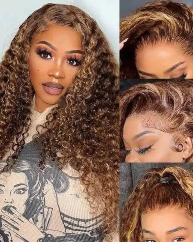 Model showcasing 13x6 deep wave HD lace front human hair wig with highlights, featuring multiple angles and styles.