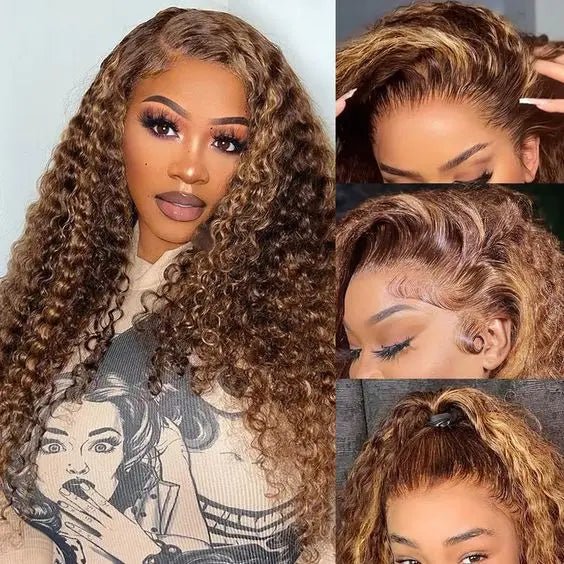 Model showcasing 13x6 deep wave HD lace front human hair wig with highlights, featuring multiple angles and styles.