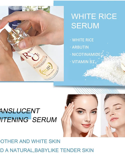 AILKE White Rice Serum bottle with ingredients listed, showcasing benefits for smoother and whiter skin.