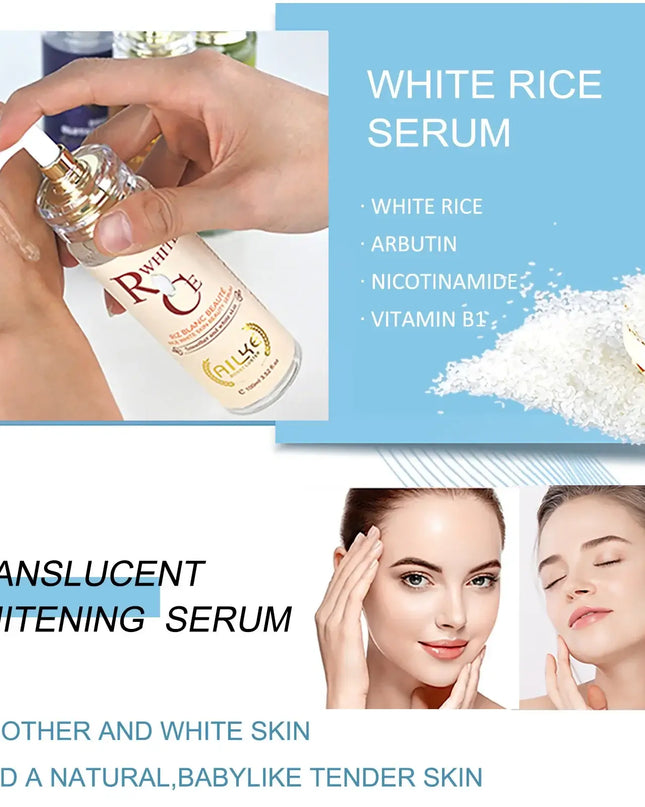 AILKE White Rice Serum bottle with ingredients listed, showcasing benefits for smoother and whiter skin.