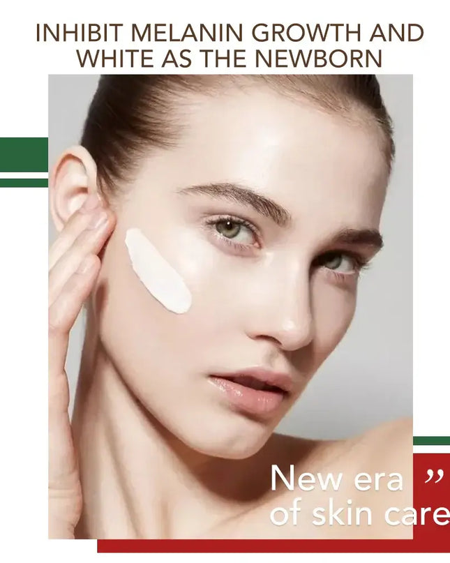 Model applying skin care cream to her face for brightening and melanin inhibition, promoting new age skin care.
