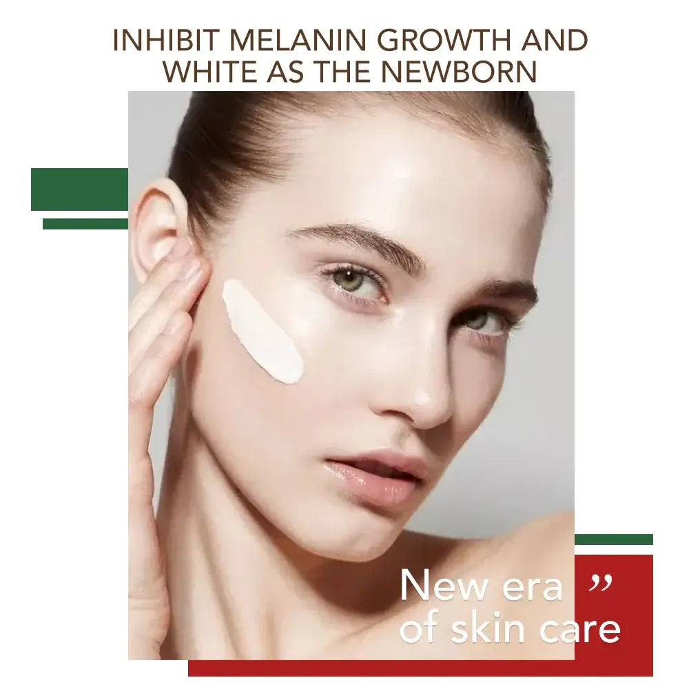 Model applying skin care cream to her face for brightening and melanin inhibition, promoting new age skin care.