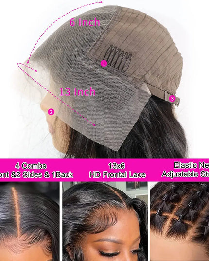Wig with measurements and features highlighted on a white background