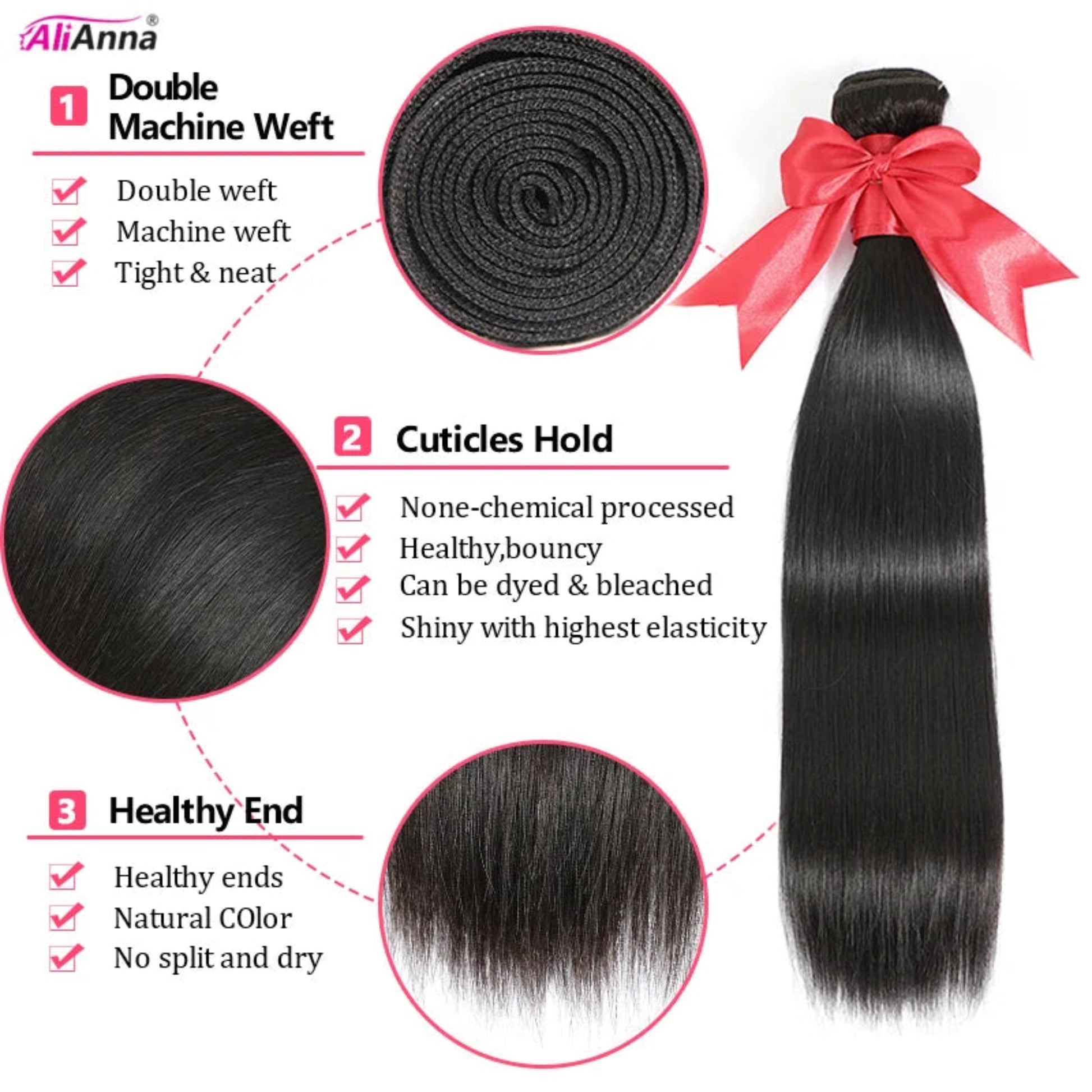Hair extension product with features highlighted on a white background