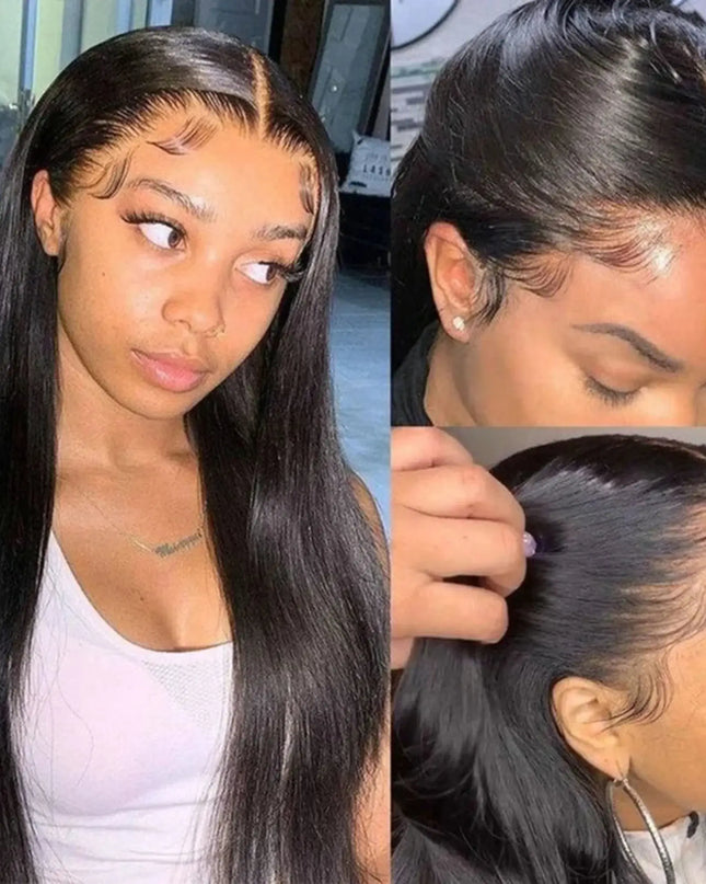 Collage of a woman with long black hair, close-up shots of the hairline, and a hand adjusting the hair.