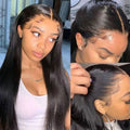 Collage of a woman with long black hair, close-up shots of the hairline, and a hand adjusting the hair.