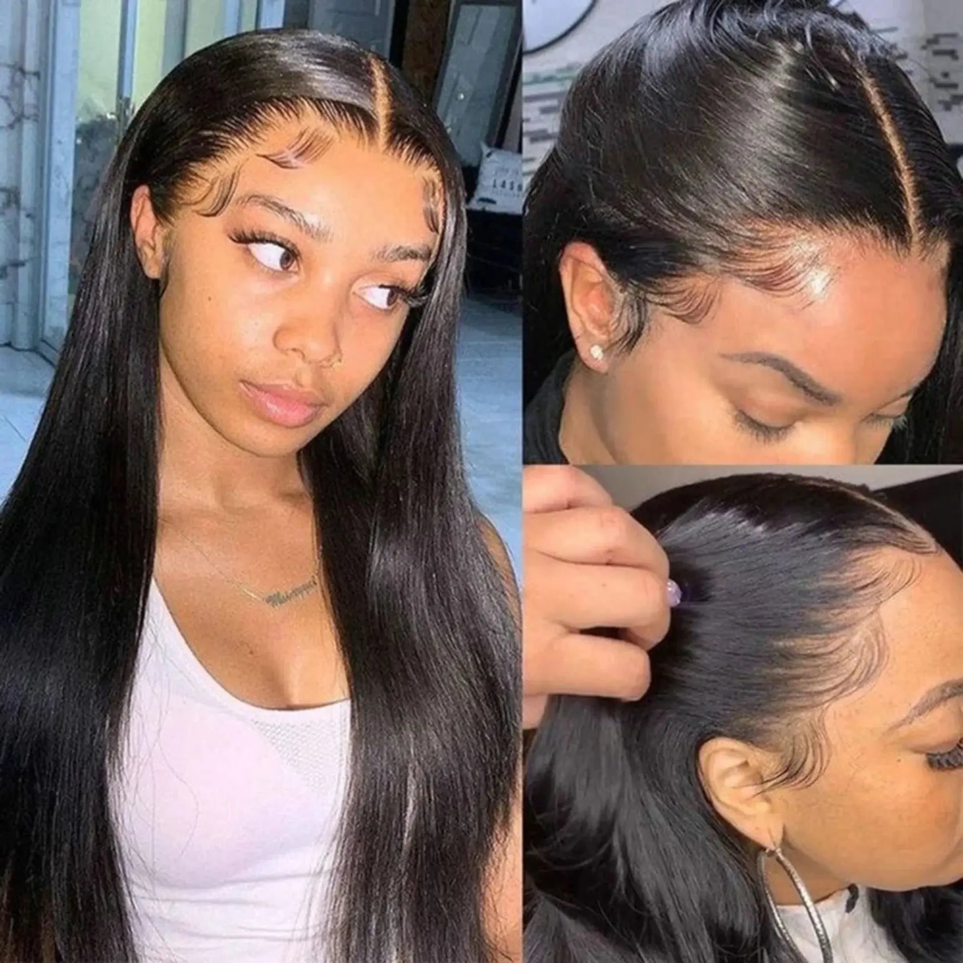 Collage of a woman with long black hair, close-up shots of the hairline, and a hand adjusting the hair.