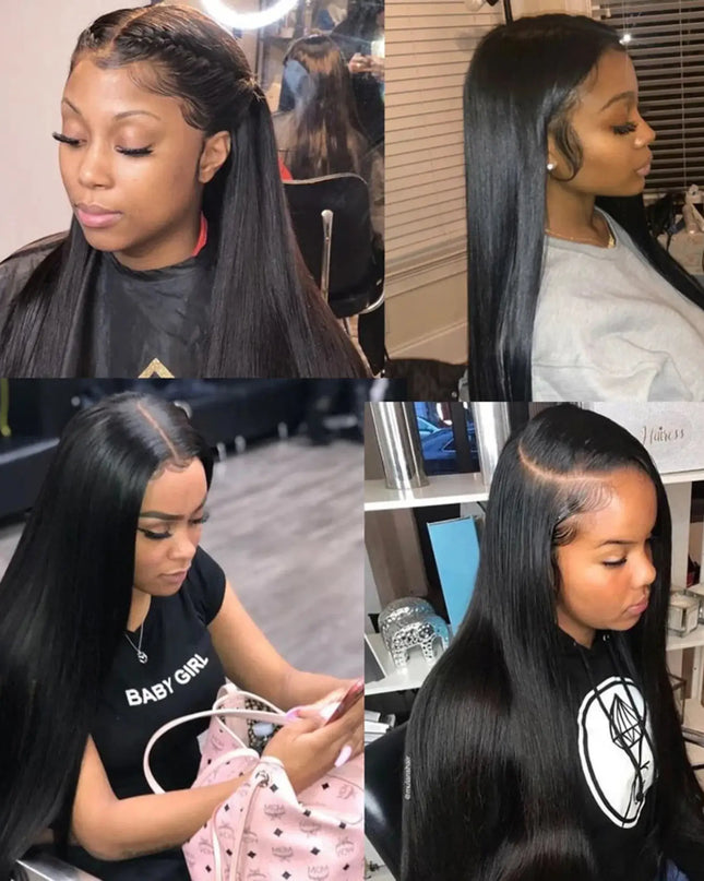 Collage of a woman with long black hair styled in different ways.