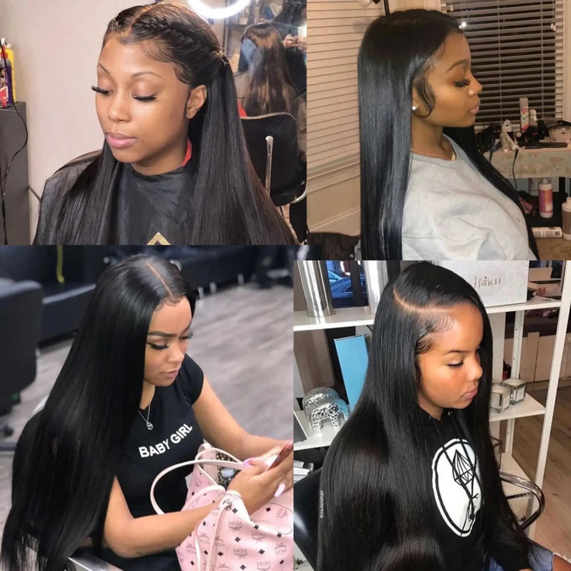Collage of a woman with long black hair styled in different ways.