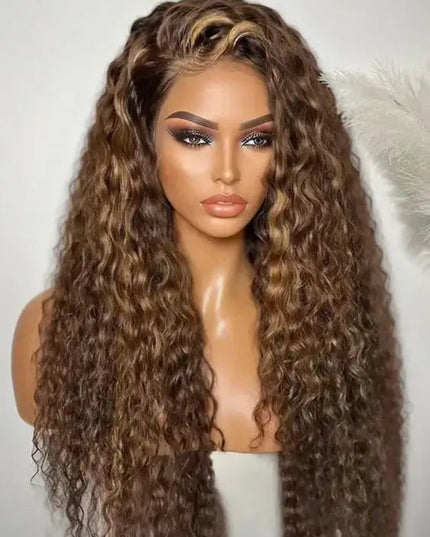 13x6 highlight deep wave wig made from human hair with HD lace front, styled on a mannequin to showcase its beautiful curls.