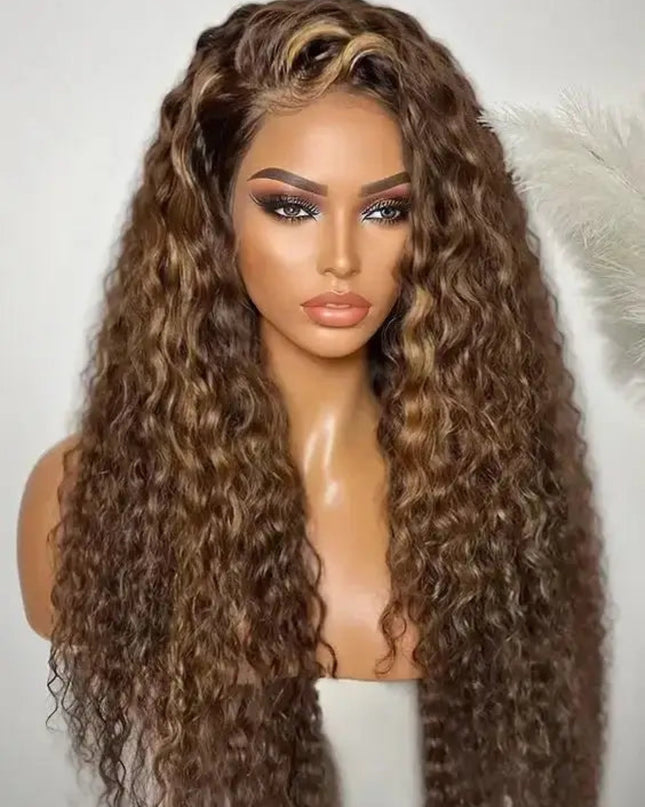 13x6 highlight deep wave wig made from human hair with HD lace front, styled on a mannequin to showcase its beautiful curls.