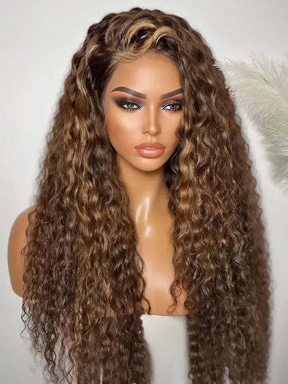 13x6 highlight deep wave wig made from human hair with HD lace front, styled on a mannequin to showcase its beautiful curls.