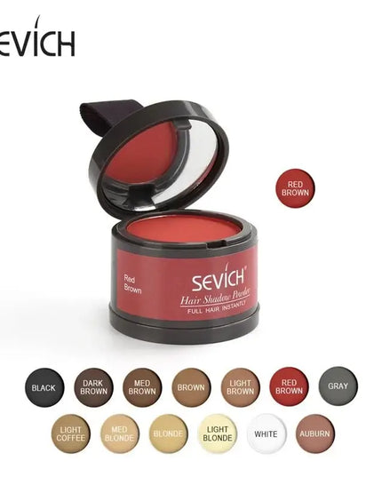 Sevich 12 Color Hairline Powder showcasing a variety of shades including Red Brown, Black, and Auburn for thinning hair coverage.