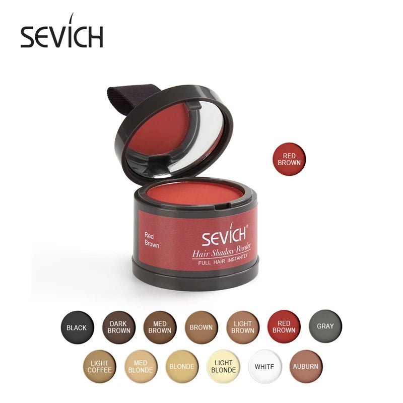 Sevich 12 Color Hairline Powder showcasing a variety of shades including Red Brown, Black, and Auburn for thinning hair coverage.