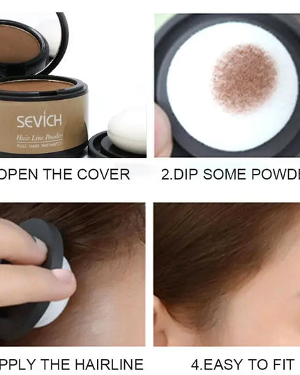 Sevich 12 Color Hairline Powder steps: open, dip, apply, and easy to fit for covering thinning hair.