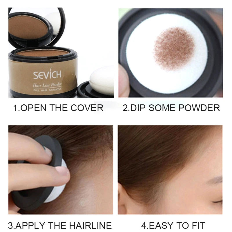 Sevich 12 Color Hairline Powder steps: open, dip, apply, and easy to fit for covering thinning hair.