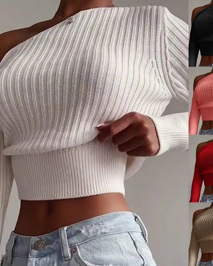 Women's Off-Shoulder Ribbed Knit Pullover Sweater - Solid Color Long Sleeve Jumper Top