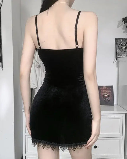 Vintage Black Cross Mini Dress – Sexy Spaghetti Strap Slit Dress”
