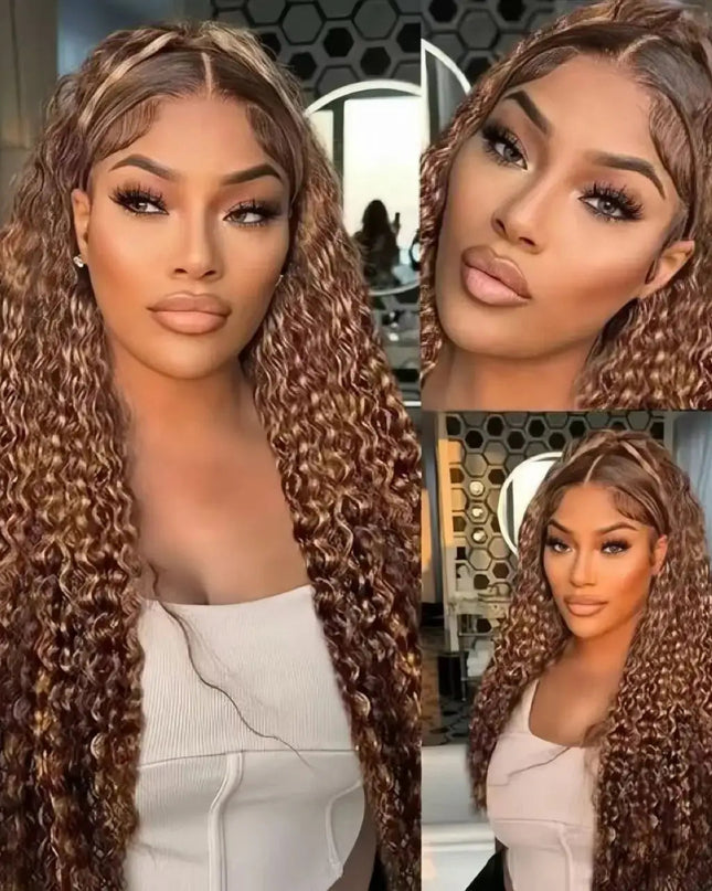 Collage of a woman wearing a 13x6 highlight deep wave HD lace front wig, showcasing stunning curls and a flawless look.