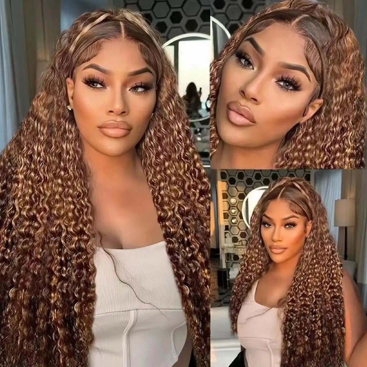 Collage of a woman wearing a 13x6 highlight deep wave HD lace front wig, showcasing stunning curls and a flawless look.