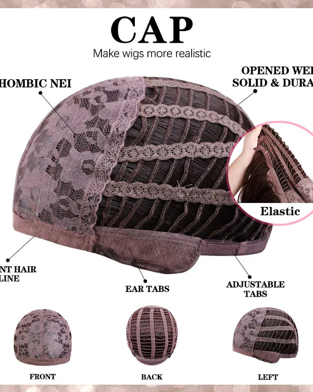 Wig cap with labeled parts and text on a beige background