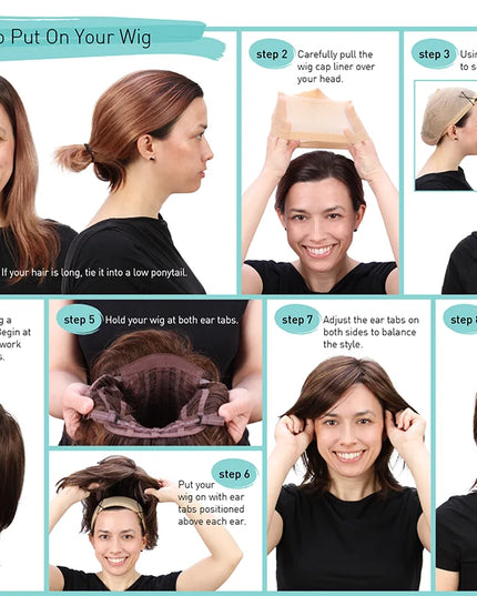 Step-by-step guide on how to put on a wig with visual instructions and images of a woman following the steps.