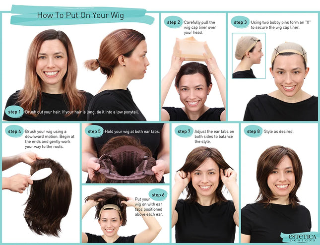 Step-by-step guide on how to put on a wig with visual instructions and images of a woman following the steps.