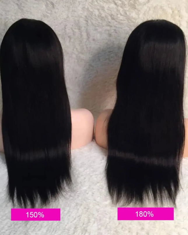 Two hair extensions on mannequin heads with labels indicating weight percentages.