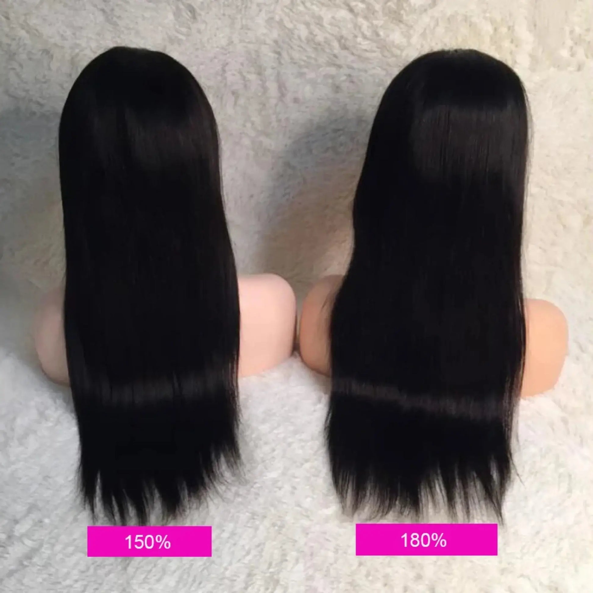 Two hair extensions on mannequin heads with labels indicating weight percentages.