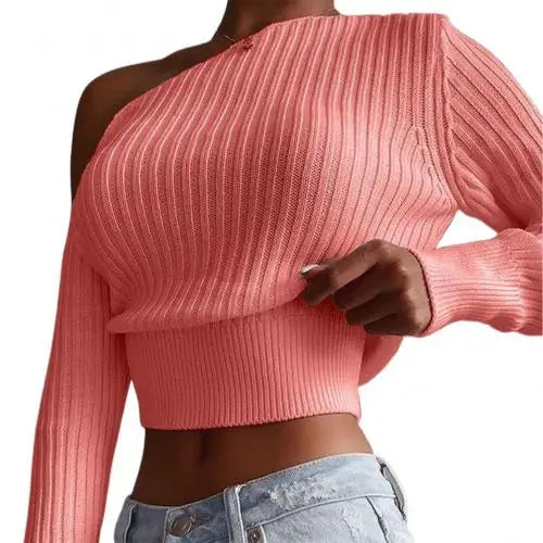 Women's Off-Shoulder Ribbed Knit Pullover Sweater - Solid Color Long Sleeve Jumper Top