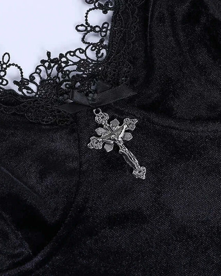 Vintage Black Cross Mini Dress – Sexy Spaghetti Strap Slit Dress”