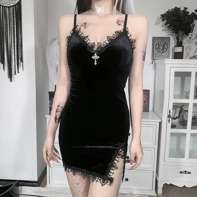 Vintage Black Cross Mini Dress – Sexy Spaghetti Strap Slit Dress”