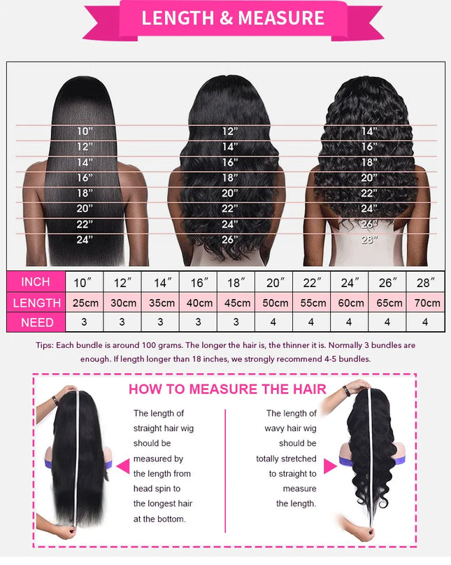 Hair measurement chart showing different hair lengths in inches, centimeters, and bundles.