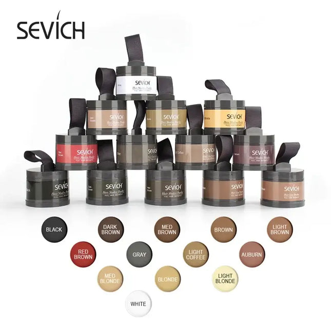 Sevich 12 Color Hairline Powder set featuring various shades like black, brown, blonde, and gray for covering thinning hair.