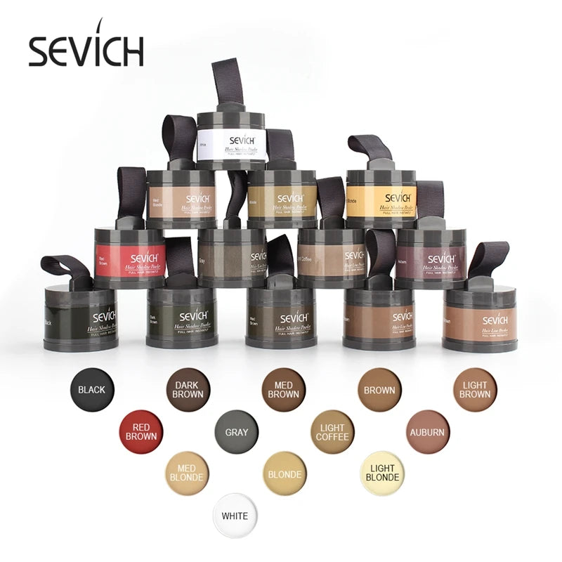 Sevich 12 Color Hairline Powder set featuring various shades like black, brown, blonde, and gray for covering thinning hair.