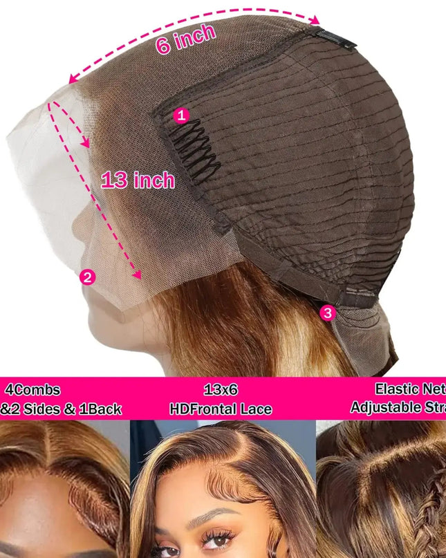 13x6 HD lace front wig cap with measurements, adjustable straps, and 4 combs for secure fit.