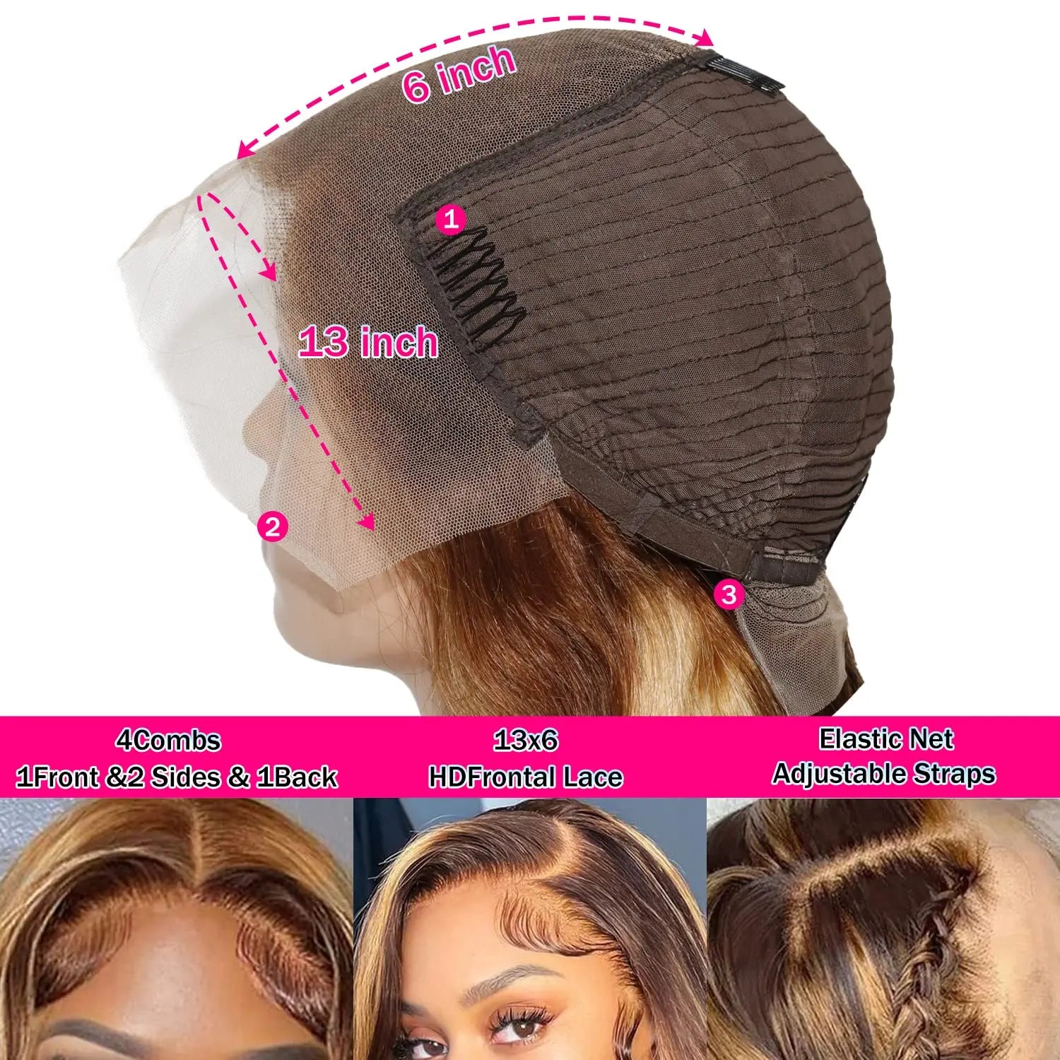 13x6 HD lace front wig cap with measurements, adjustable straps, and 4 combs for secure fit.