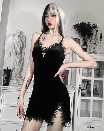 Vintage Black Cross Mini Dress – Sexy Spaghetti Strap Slit Dress”