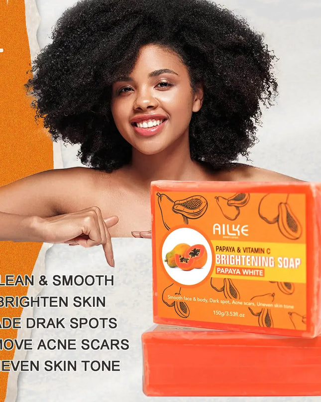 AILKE Papaya & Vitamin C Brightening Soap for clean, smooth, and radiant skin; helps fade dark spots and remove acne scars.
