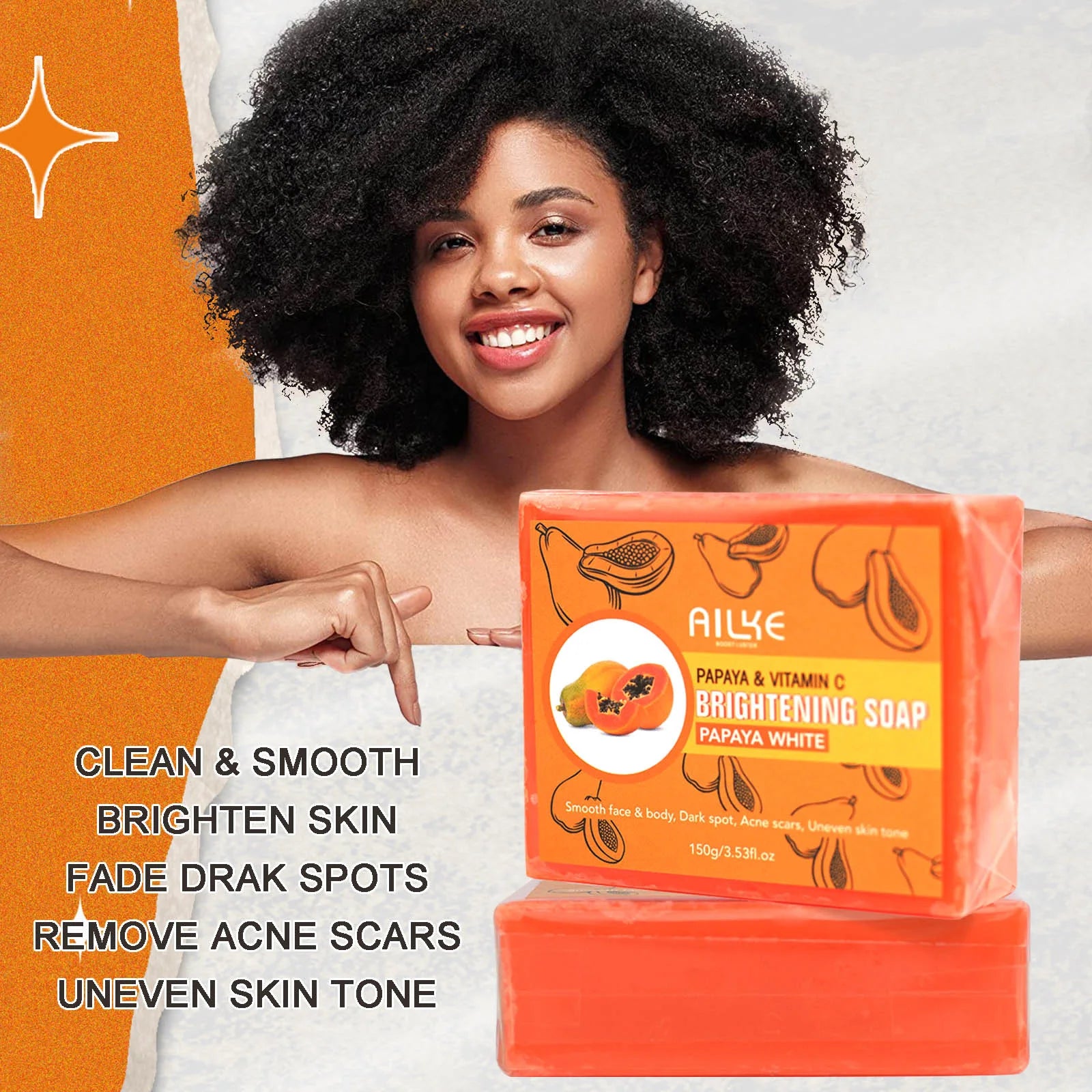 AILKE Papaya & Vitamin C Brightening Soap for clean, smooth, and radiant skin; helps fade dark spots and remove acne scars.