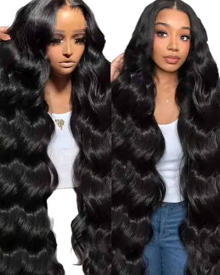 Woman with long black hair extensions displayed in front of her.