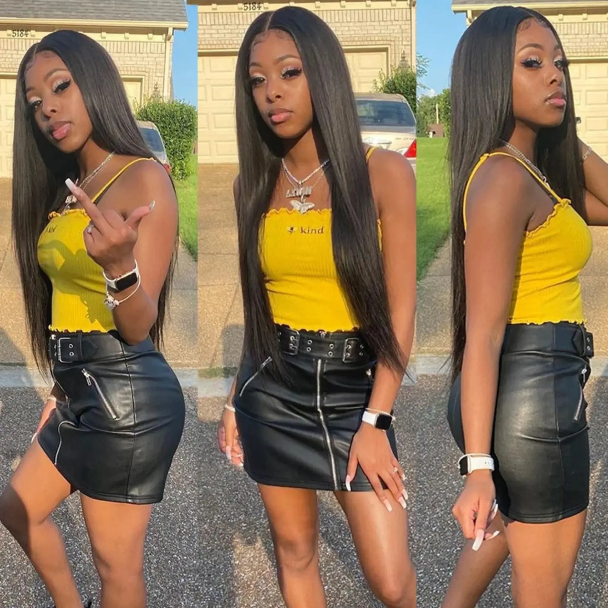 Woman in a yellow top and black leather skirt posing outdoors.