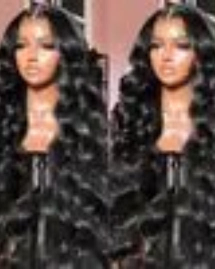 Two black wigs displayed side by side against a neutral background