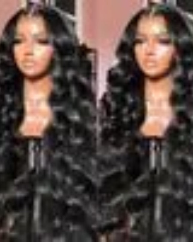 Two black wigs displayed side by side against a neutral background